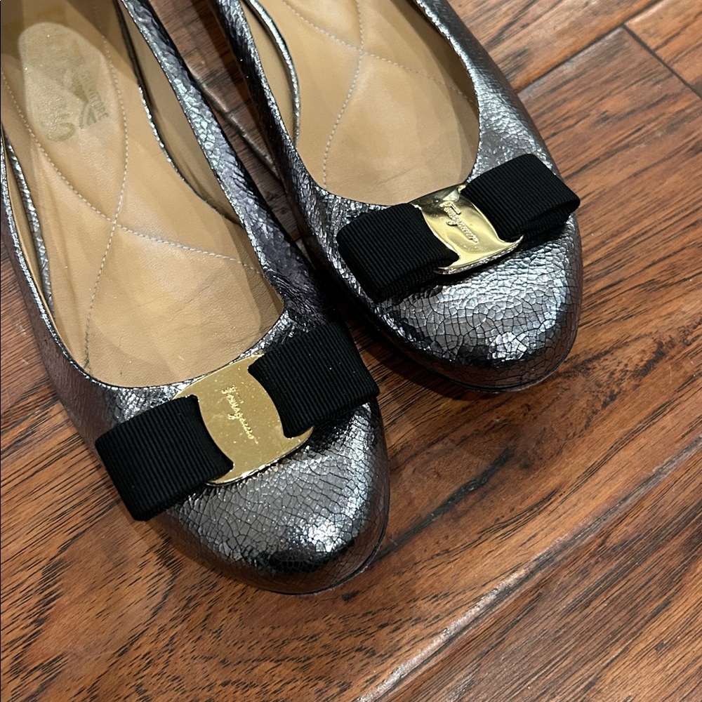 Salvatore Ferragamo Chic Metallic Ballet Flats with Bow